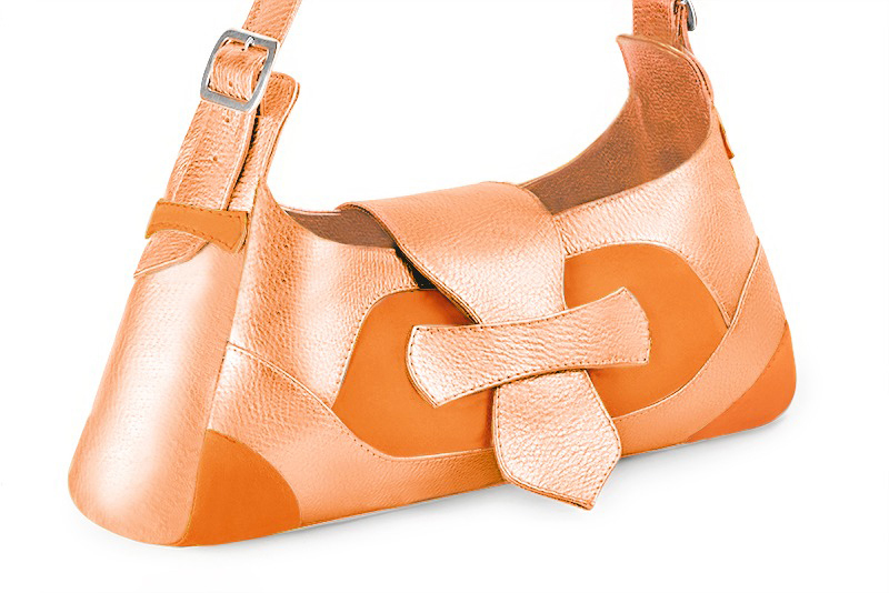 Apricot orange women's dress handbag, matching pumps and belts. Front view - Florence KOOIJMAN